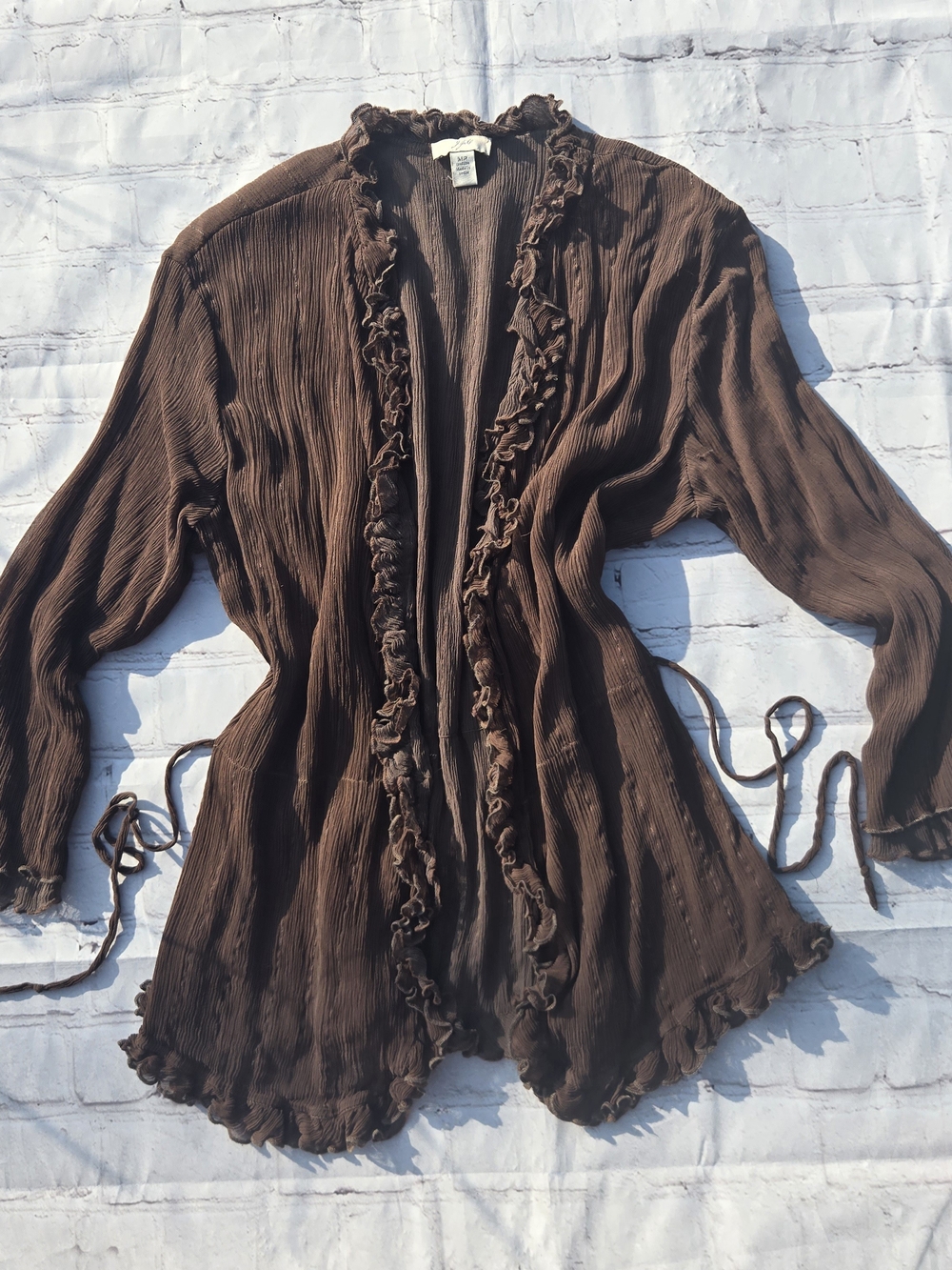 J.Jill brown ruffled Crinkle Silk Chiffon Tie Back Open Cardigan Fairy Grunge